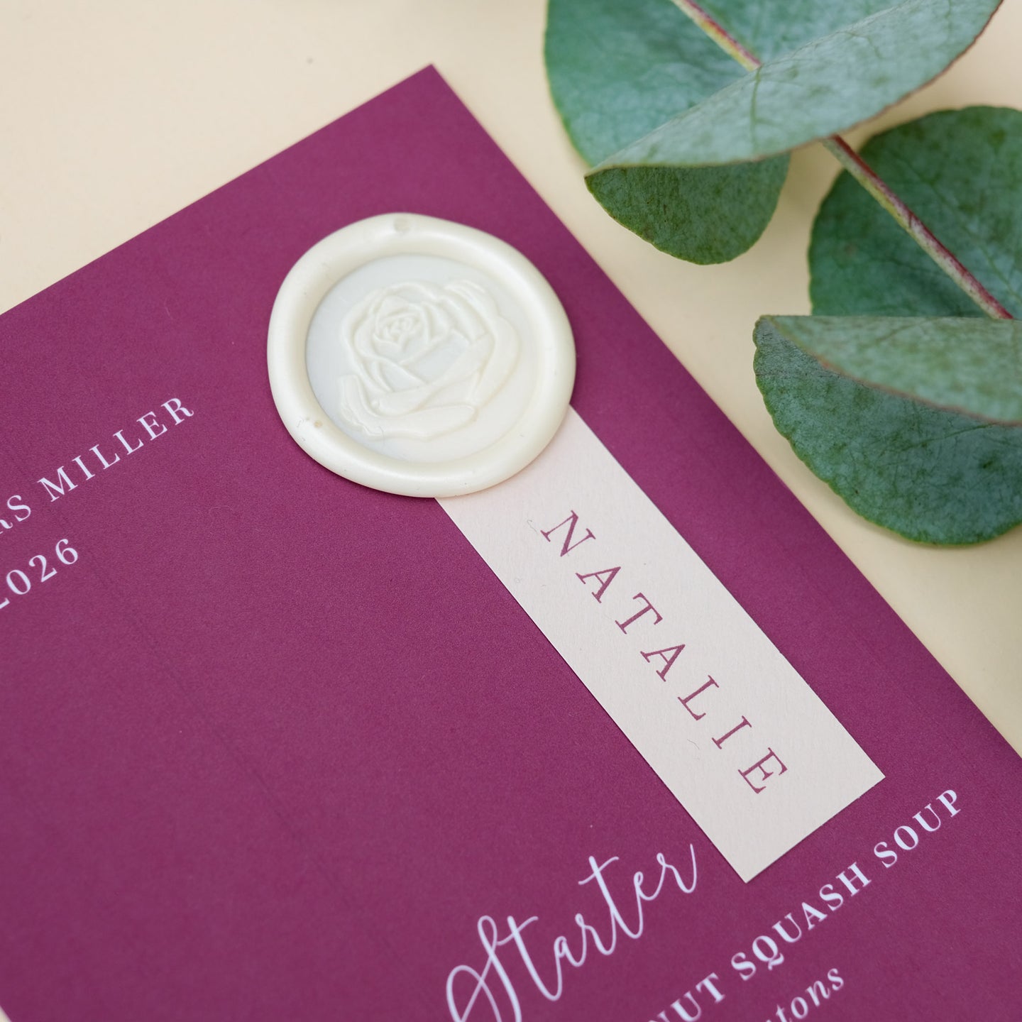 burgundy wedding menu personalised with guest name
